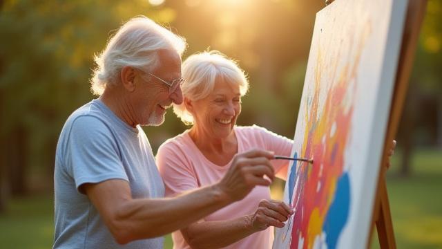 가족들이 함께 웃으며 큰 캔버스에 그림 그리는 모습