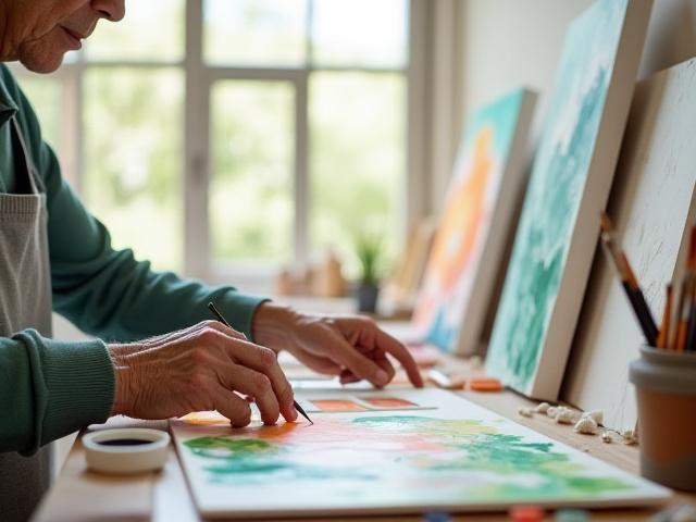 밝고 아늑한 아트 스튜디오에서 그림을 그리는 시니어