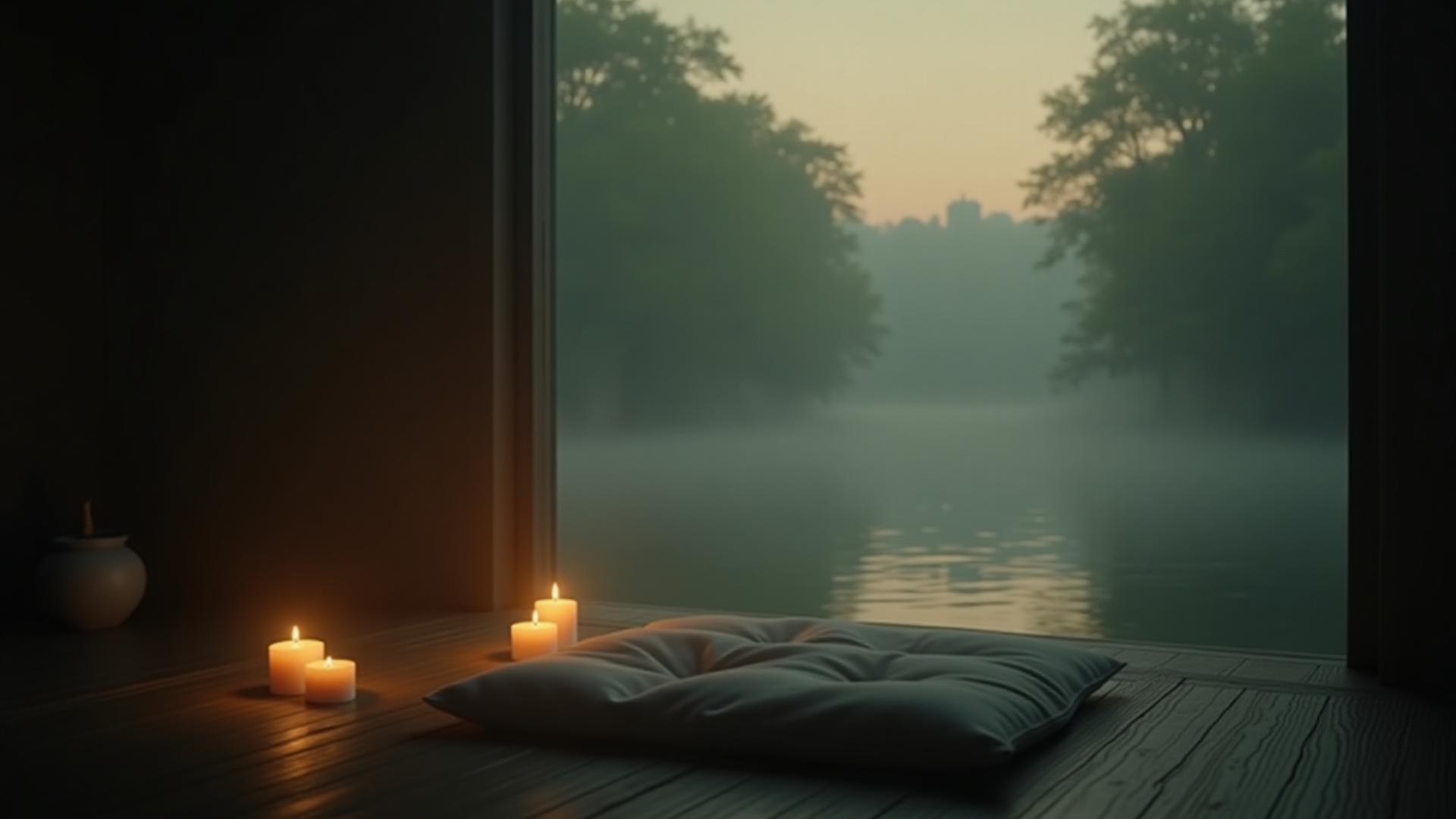 고요한 명상 공간의 촛불 또는 물안개 낀 강가의 풍경
