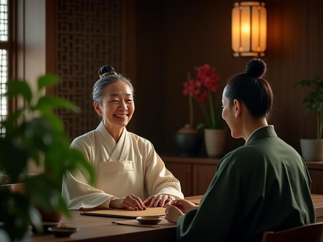 한복을 입은 한의사가 약재 앞에서 진맥을 하는 장면