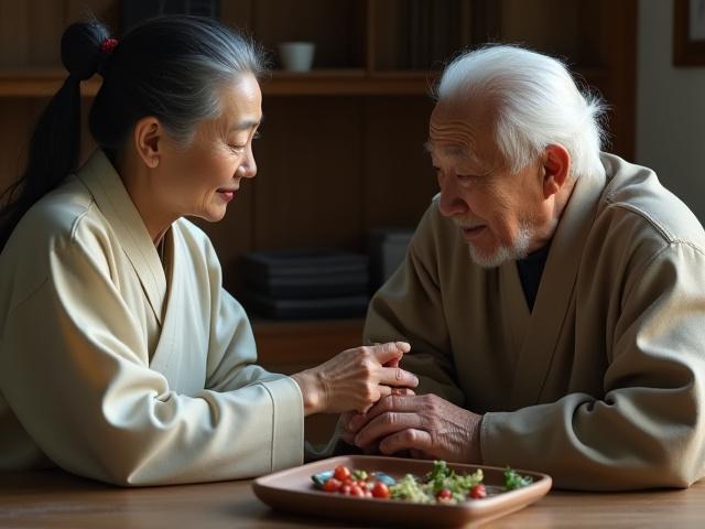 한의사로부터 약초 설명을 듣는 중년 남성