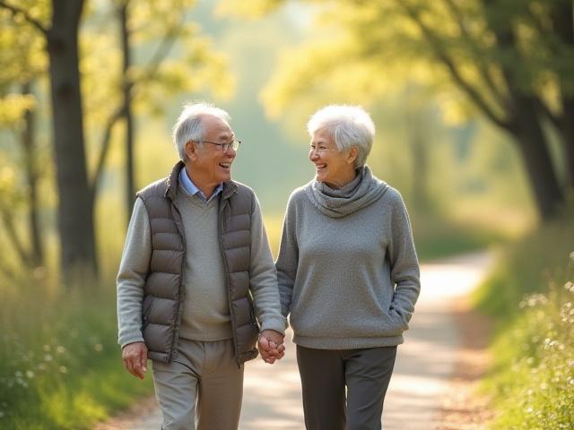 활기차게 웃으며 산책하는 중년 부부