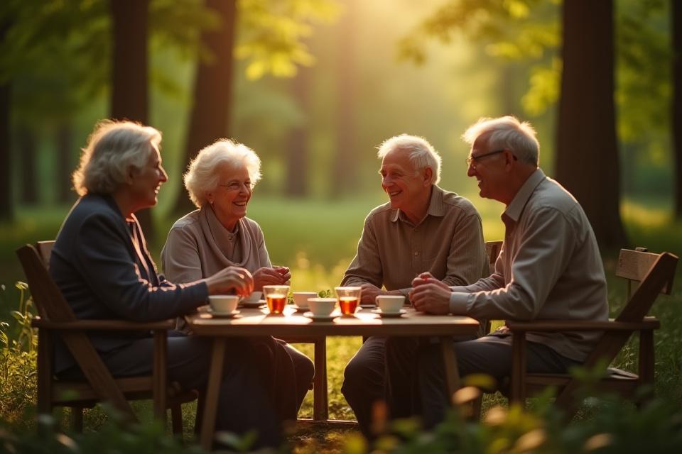 숲속에서 따뜻한 차를 마시는 사람들