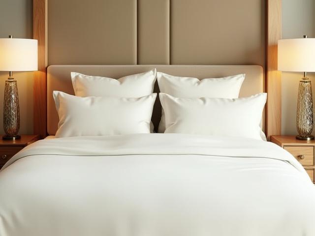 개인의 체형과 수면 자세에 맞춰 선택 가능한 다양한 종류의 베개와 매트리스가 놓인 고급 침실