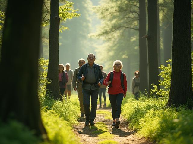 울창한 편백나무 숲길을 걷는 사람들